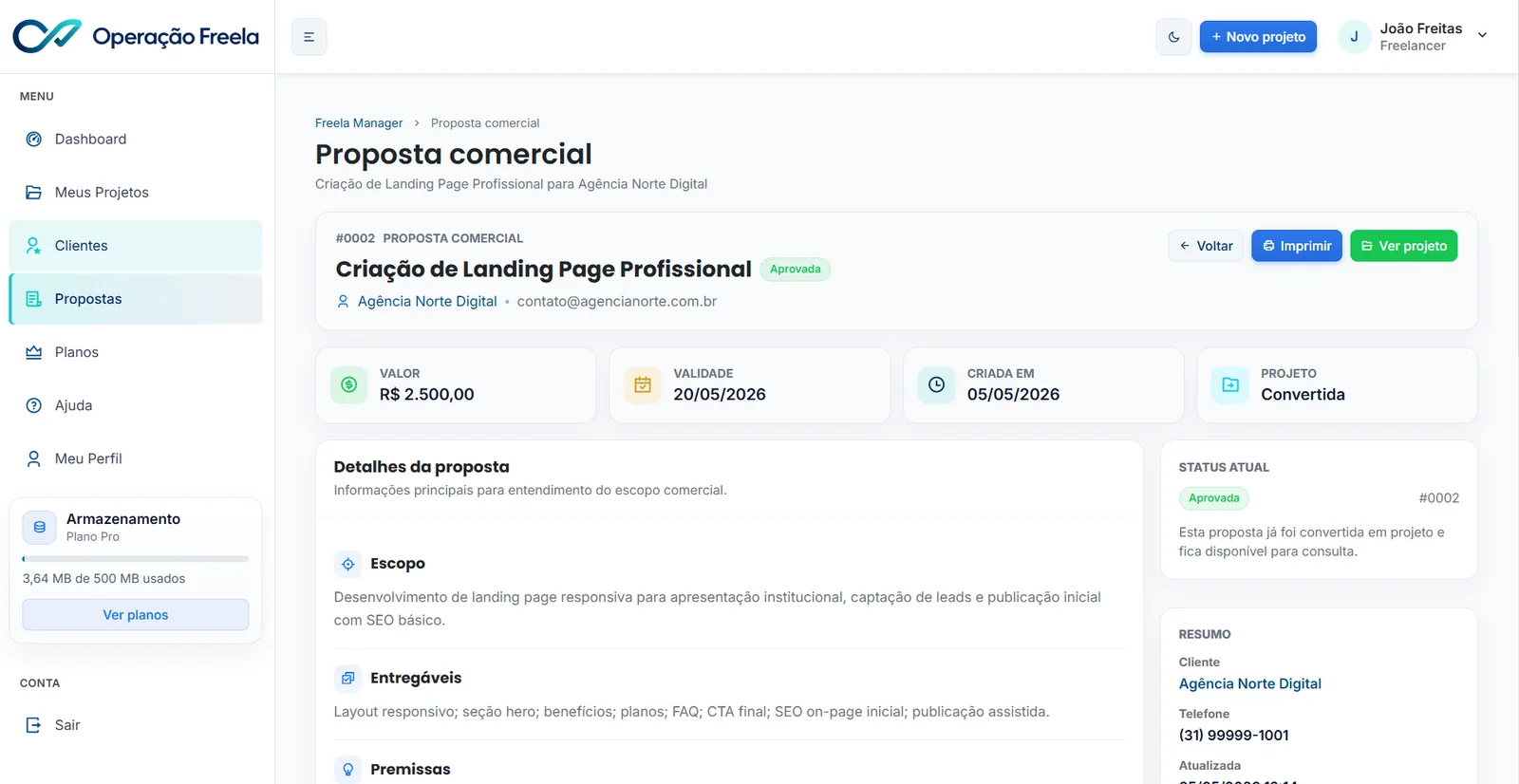 Tela de proposta comercial para freelancers com cliente, escopo, valores e organização da negociação